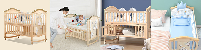 Multifunctional Natural Baby Wooden Cot with Extendable Headboard and Casters