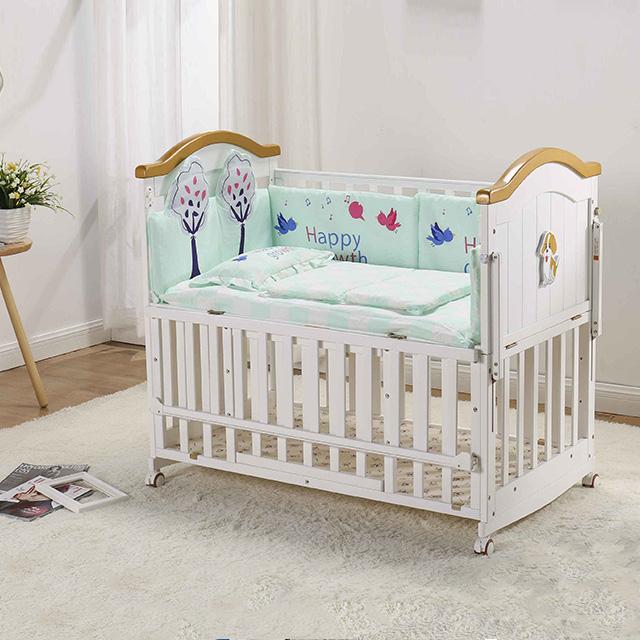 Adjustable White Multifunction Baby Wood Cot Bed